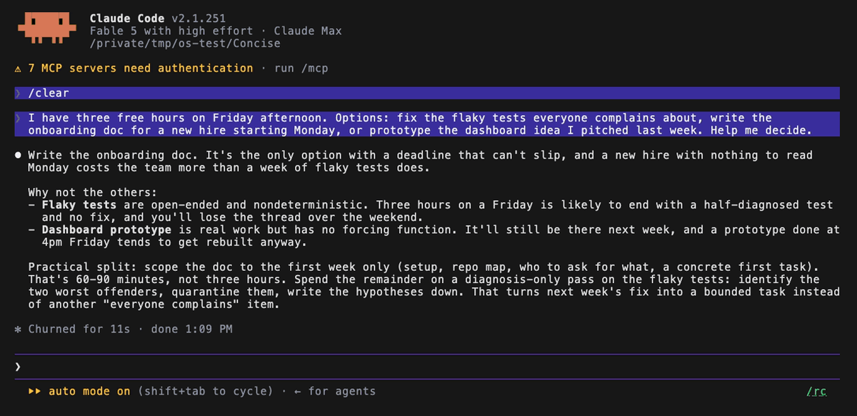 Claude Code in a terminal, Concise style, answering the friday prompt