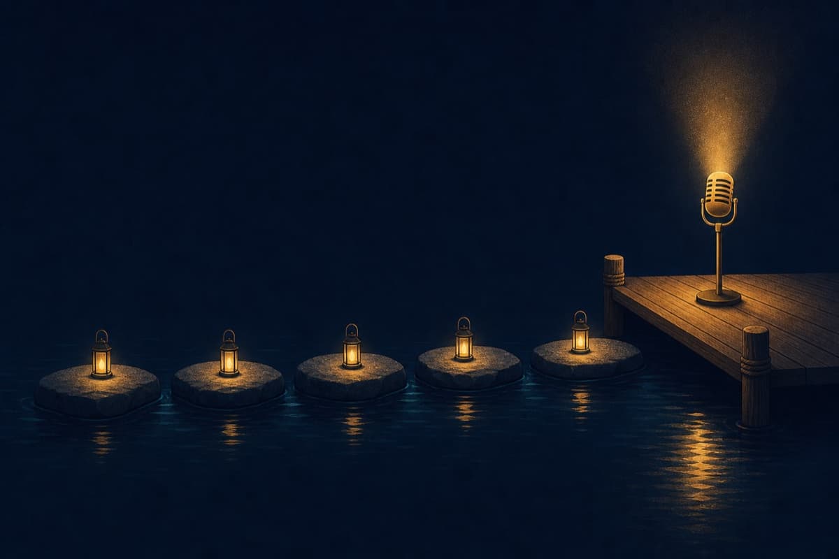 Five lit stepping stones leading to a dock with a microphone